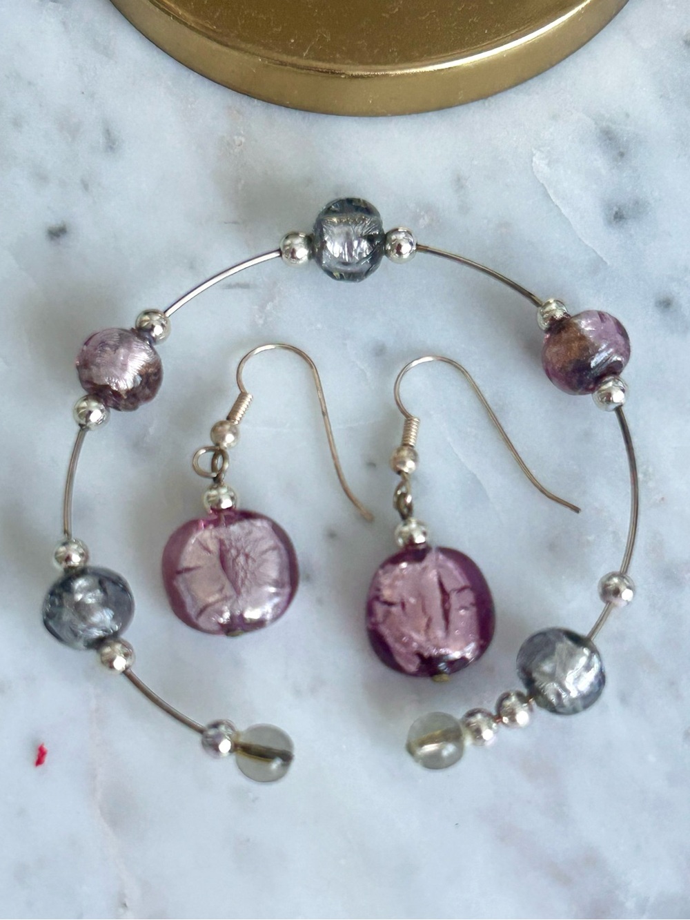 Murano Glass Purple & Silver Leaf Bracelet Earring Set Venetian Artisan Jewelry